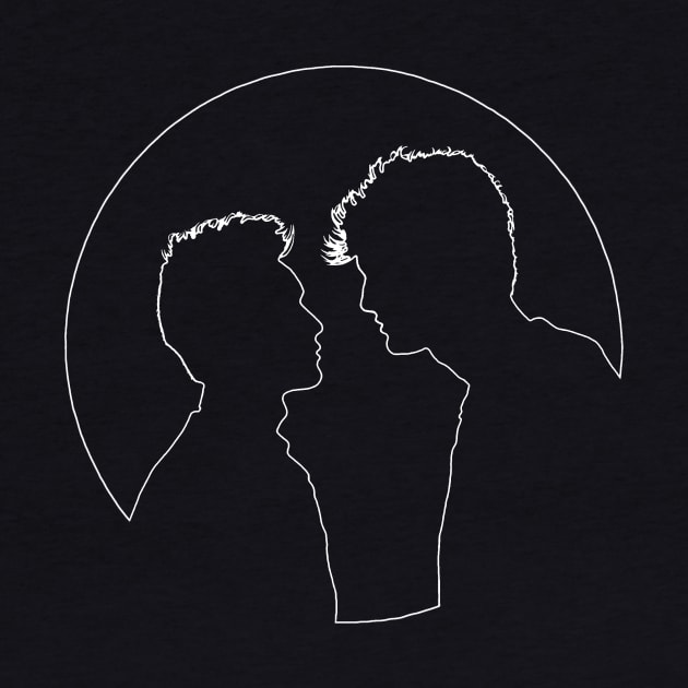 Malec silhouettes and full moon (white outline) - Alec Lightwood and Magnus Bane / Matthew Daddario and Harry Shum Jr. - Shadowhunters / The mortal instruments T-Shirt by Vane22april